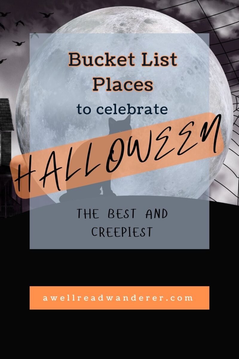 best halloween travel destinations pin for pinterest with shadow of a black cat and the moon