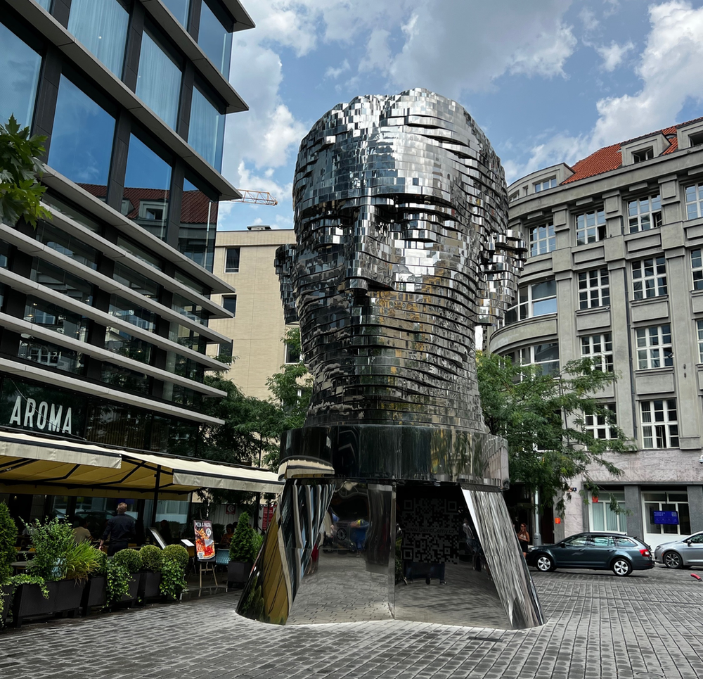Kafka's head in Prague periodically rotates in unique ways and always draws a crowd franz kafka head in prague shimmering oversized head sculpture that rotates regularly