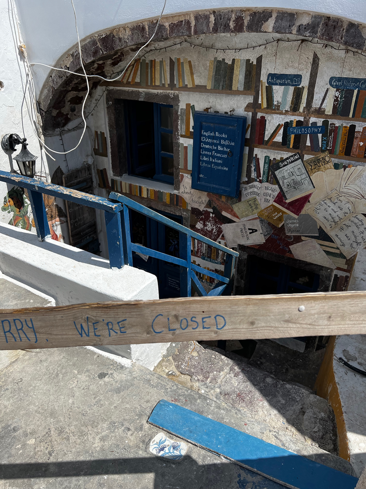 The entrance to the beautiful and iconic Atlantis Books in Santorini Santorini Atlantis Books Is atlantis books permanently closed bookshop greece indie bookstore Oia