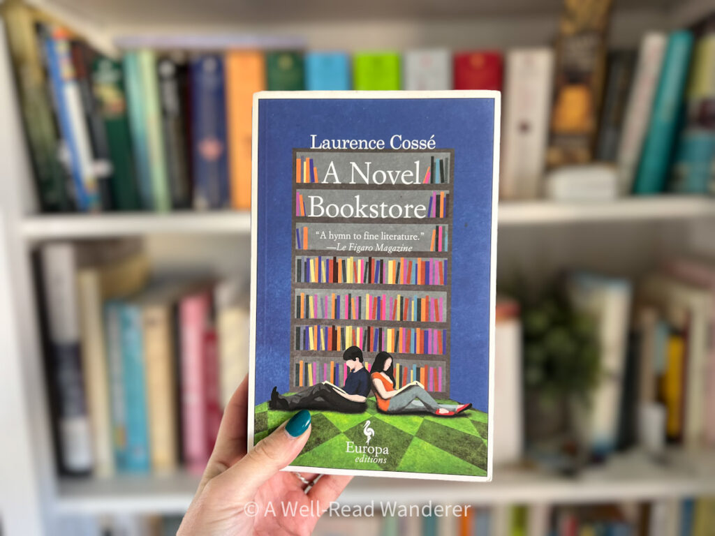a novel bookstore book cover held in front of bookshelf