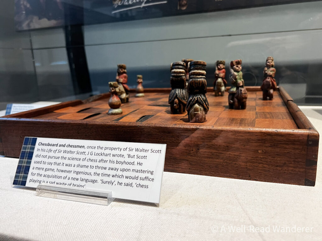 wooden chess set once owned by sir walter scott, on display in the edinburgh writers museum