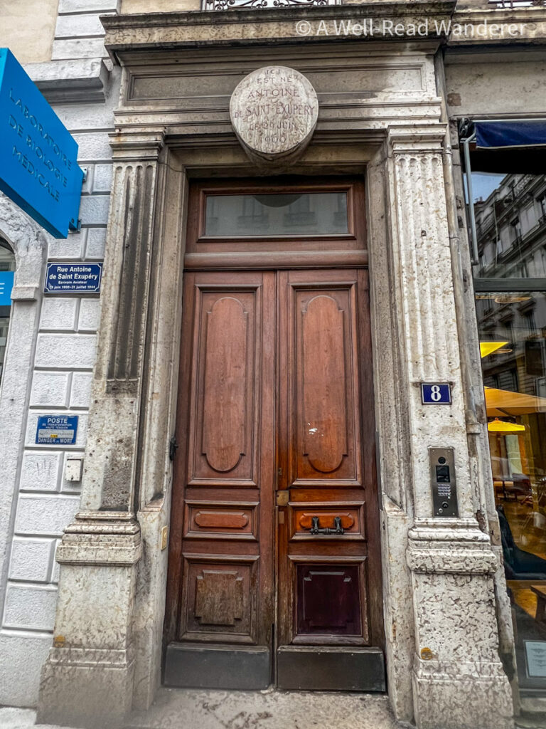 8 rue saint exupery antoine de saint exupery's birthplace entrance in lyon france with blue plaque
