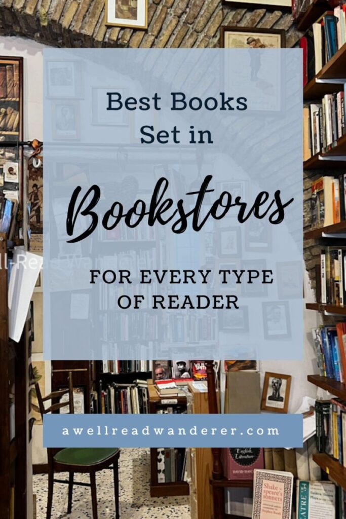 best books set in bookstores for every type of reader pin for pinterest with background image of a bookstore
