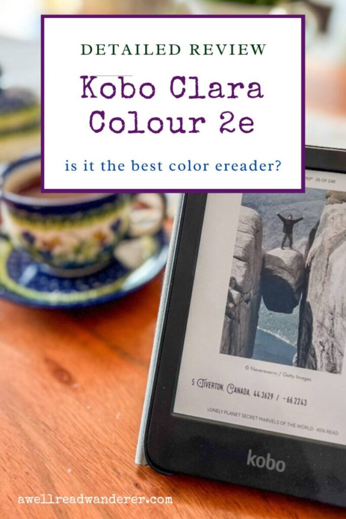 kobo clara colour 2e review pin for pinterest with kobo clara in foreground