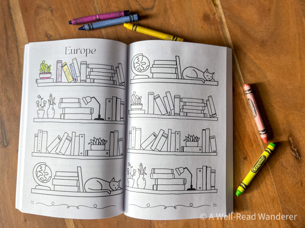 open view of the read around the world journal with blank bookshelves and crayons