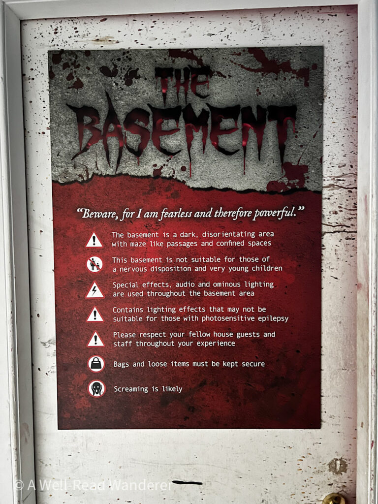 warning for entering the basement of the house of frankenstein in bath that it's not recommended for children or people with health conditions of claustrophobia
