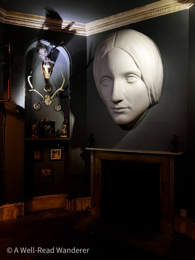 interior of mary shelley house of frankenstein bath with a white 3d image of shelley's head emerging from a black wall and other gothic decor