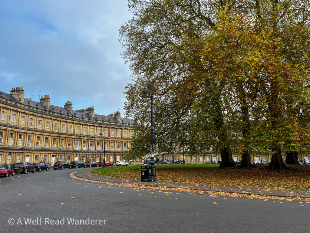 the circus in bath with large trees in center of circle of georgian row homes
