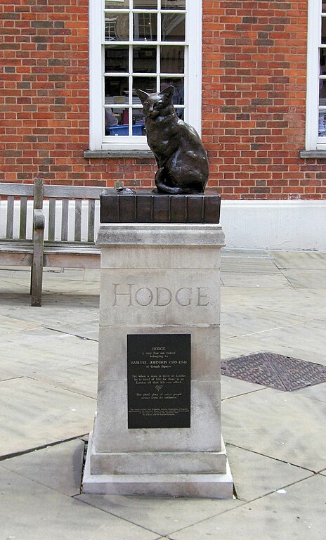 Statue of Hodge in the courtyard outside Dr. Johnson's House, 17 Gough Square, London. Hodge was one of Samuel Johnson's cats, immortalized in a characteristically whimsical passage in James Boswell's Life of Johnson.