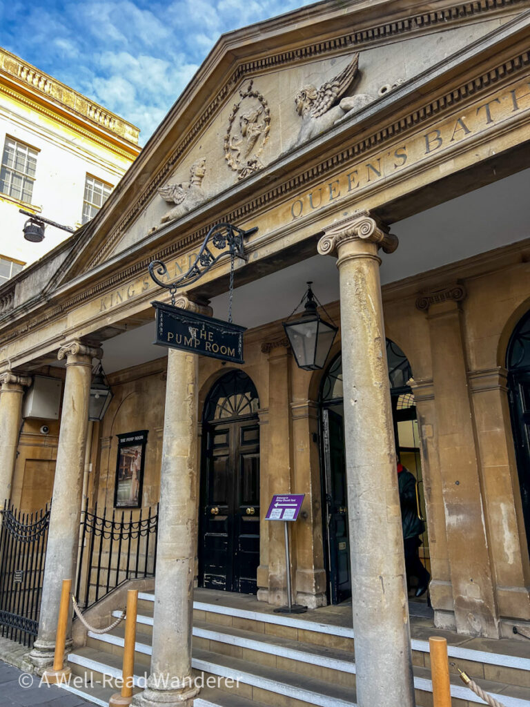 exterior stone columned entrance to the pump rooms in bath for afternoon tea