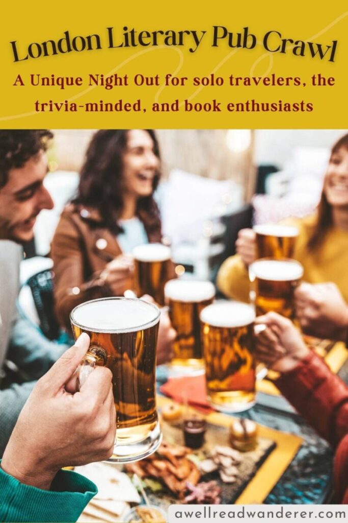 london literary pub crawl review pin for pinterest with young people drinking